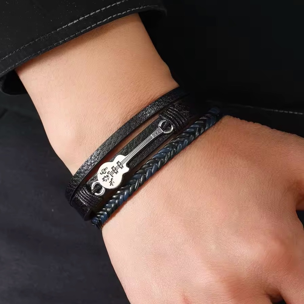 Black Leather Bracelet with Silver Guitar Charm